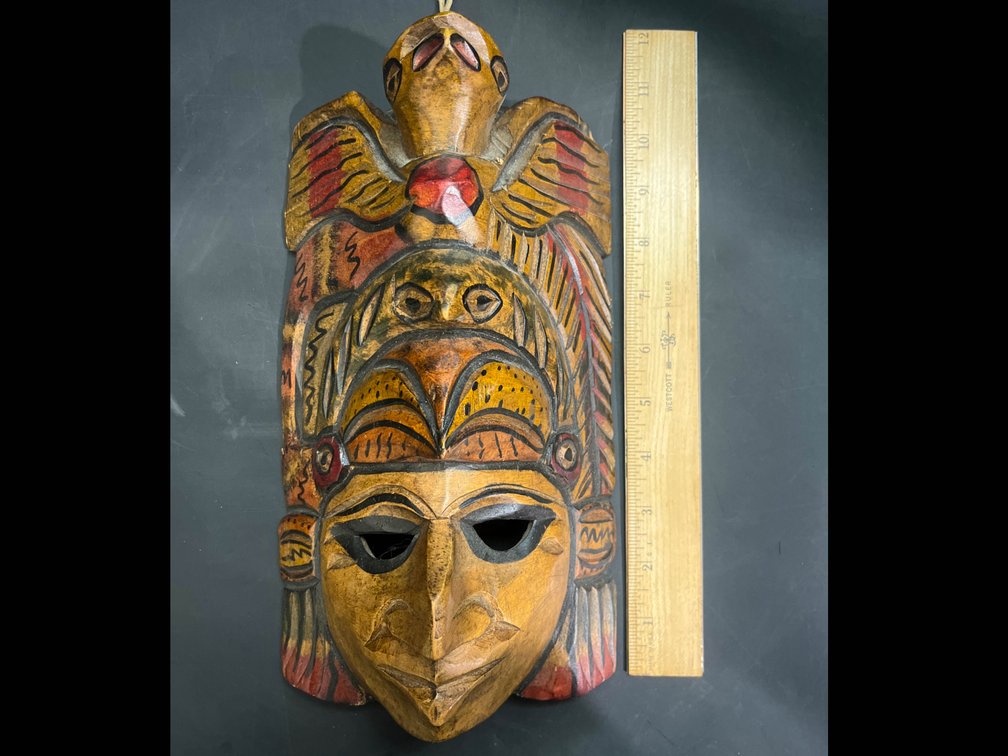 Handcarved and Painted Wooden Mask with Avian Motif