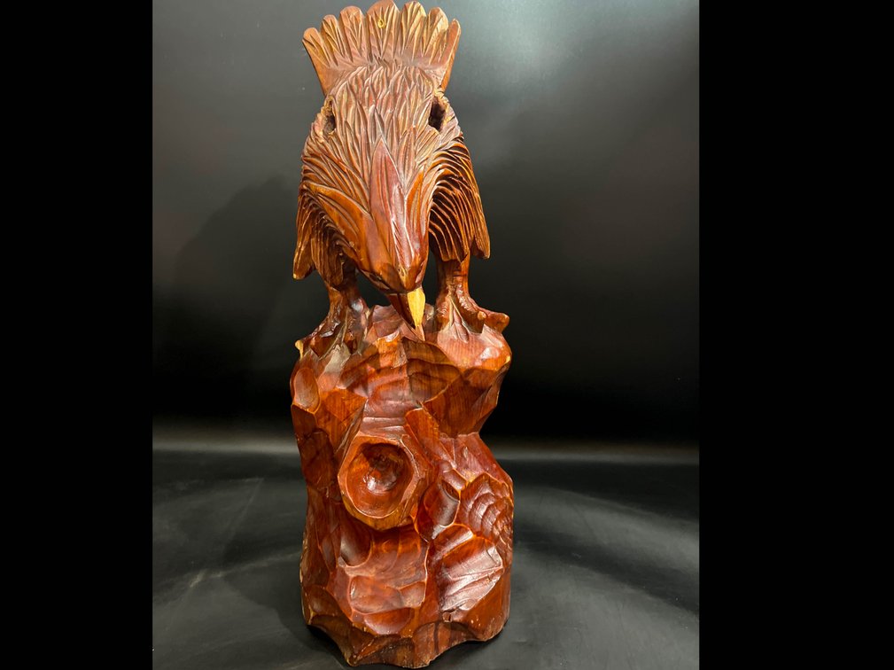 Hand-Carved Wooden Eagle Sculpture With Base