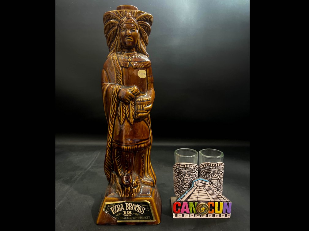 Vintage 1968 Ezra Brooks Indian Chief Whiskey Decanter With Shot Glasses