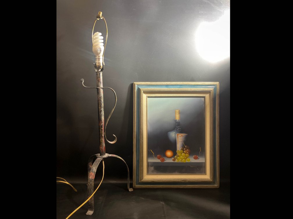 Metal Lamp Base 32” with Framed Still-Life Artwork 17.5”x21.5”
