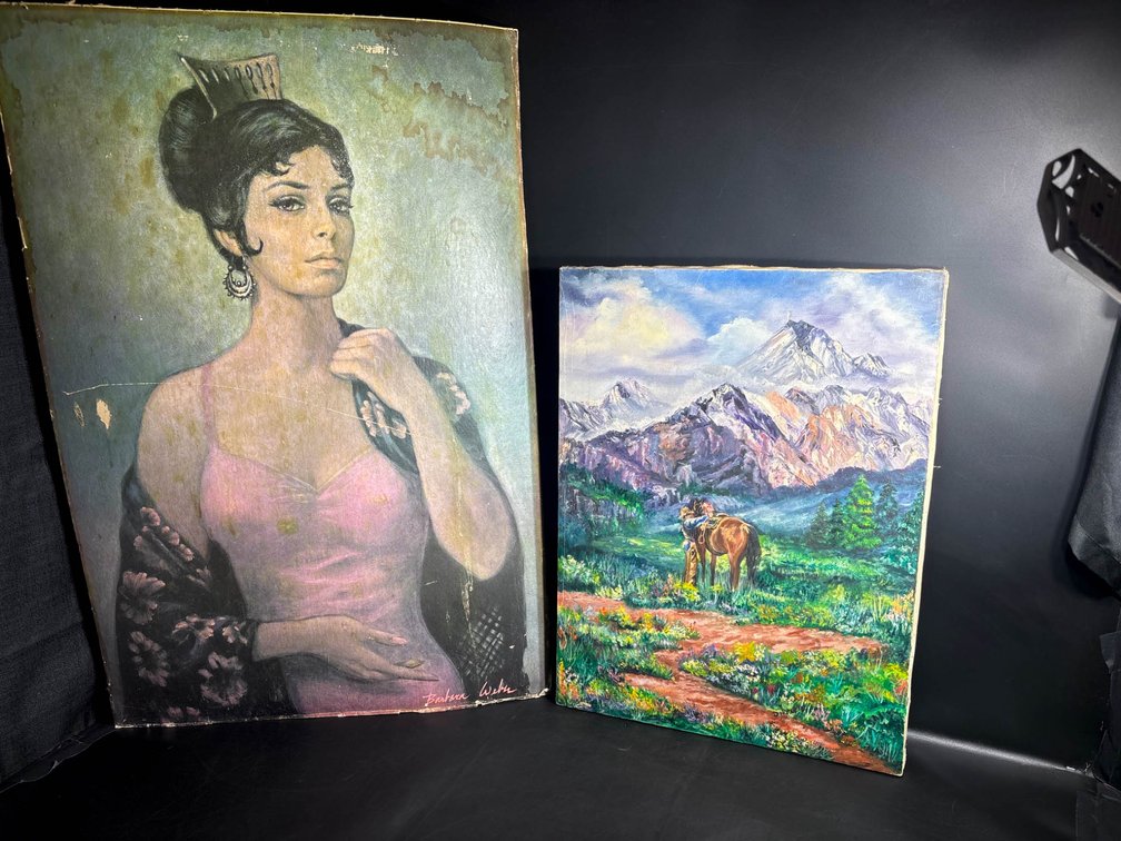 Two Framed Original Paintings: Woman and Mountain Landscape