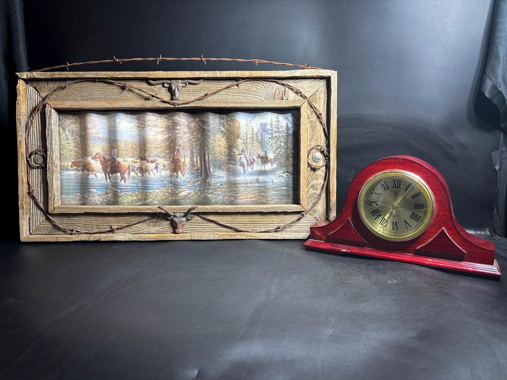 Rustic Western-themed Framed Print with Barbed Wire Accent and Red Wooden Mantel Clock