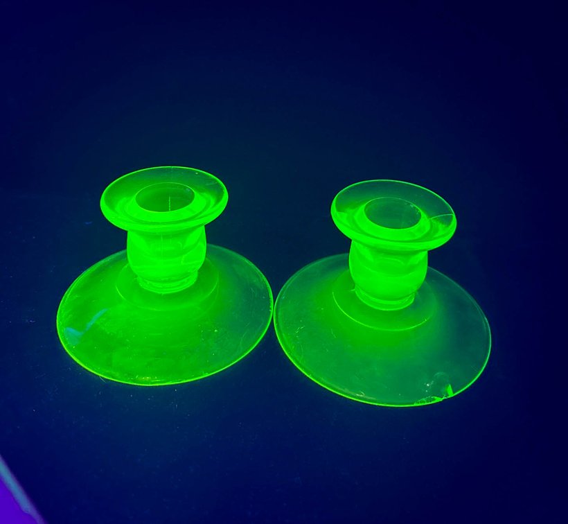 Pair of Uranium Glass Candle Holders with Chip