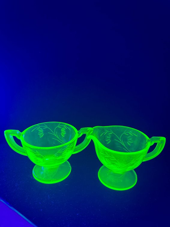 Green Uranium Glass Creamer and Sugar Bowl Set