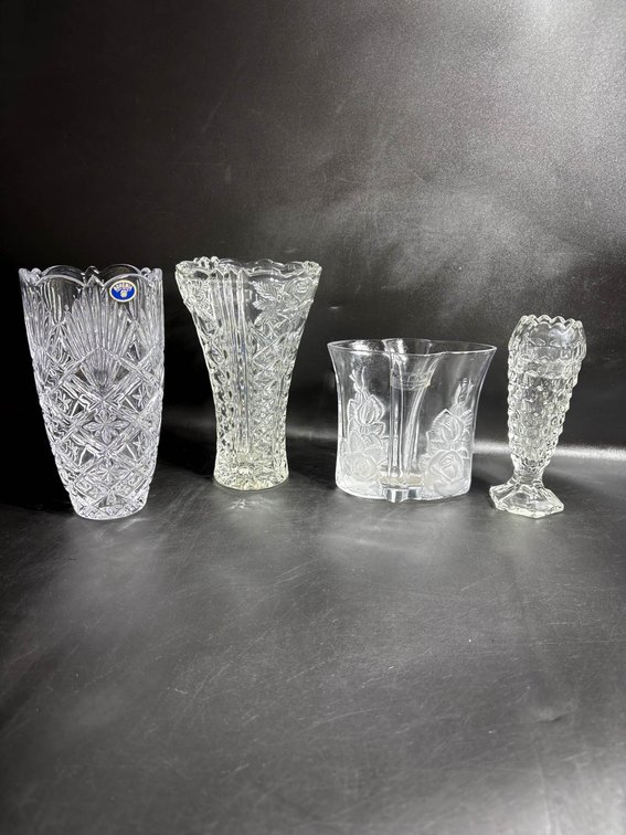 Set of Four Clear Glass Vases With Various Designs