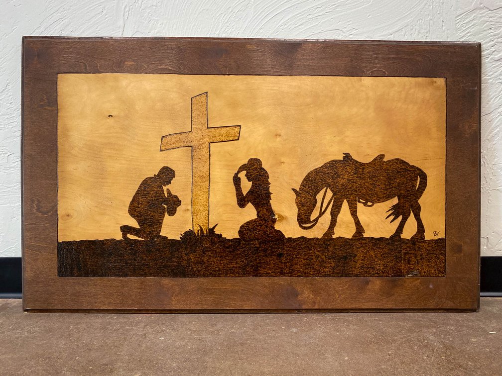 Wood-Burned Artwork of Religious Scene with Horse