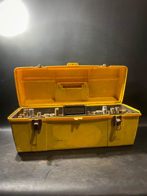 Yellow plastic Toolbox with Hand Tools and Sockets