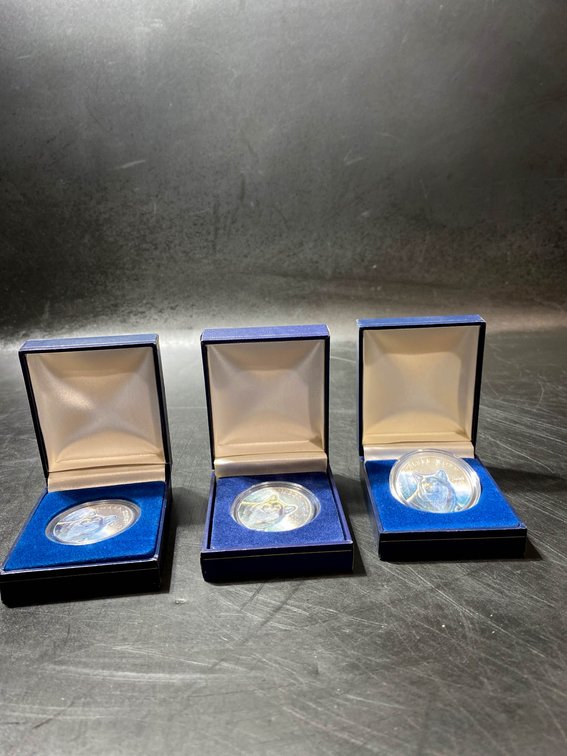 Set of Three Liberian Silver 10 Dollar Coins with Cases
