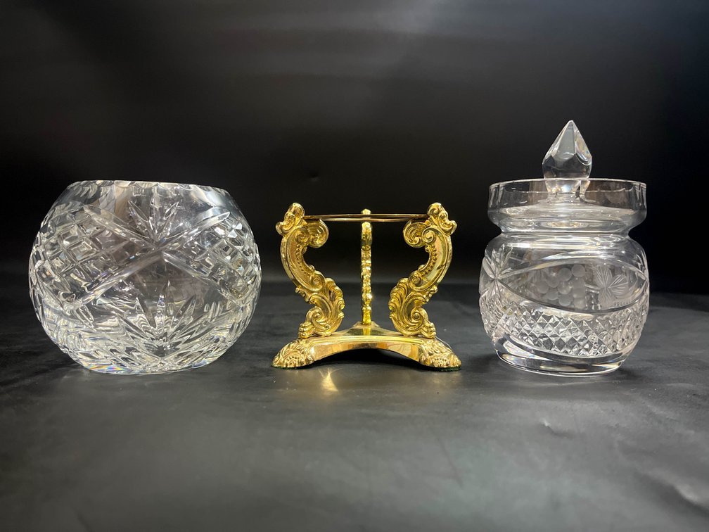 Crystal jam jar, Cut Crystal bowl, and Godinger gold-toned metal stand