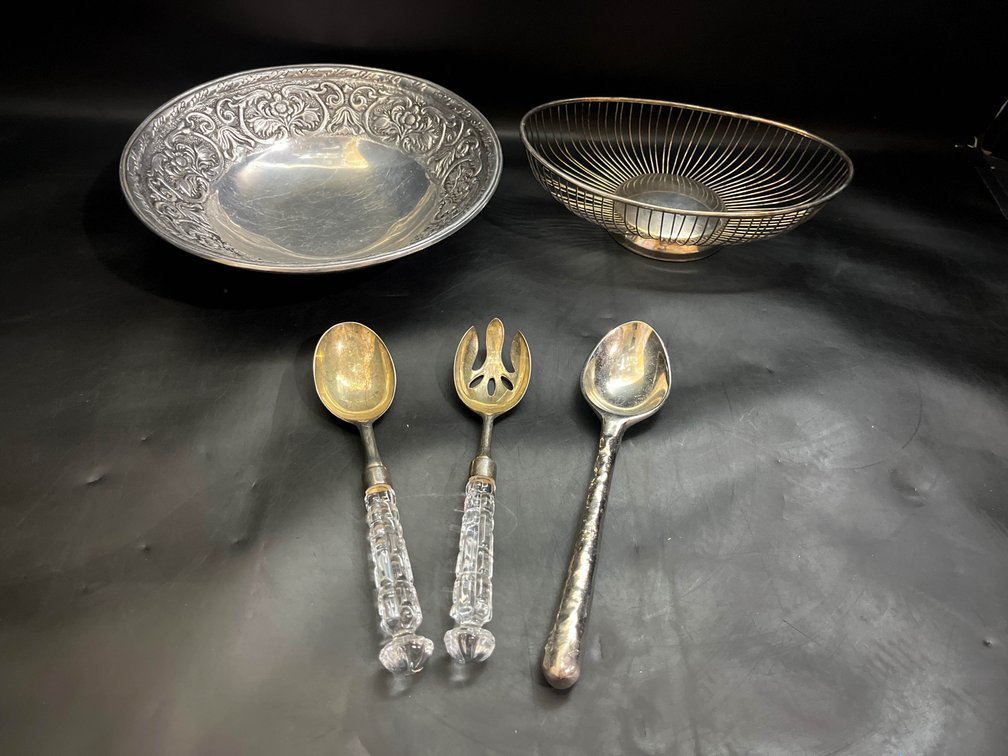 Silver plated bowls and serving utensils two have crystal handles 