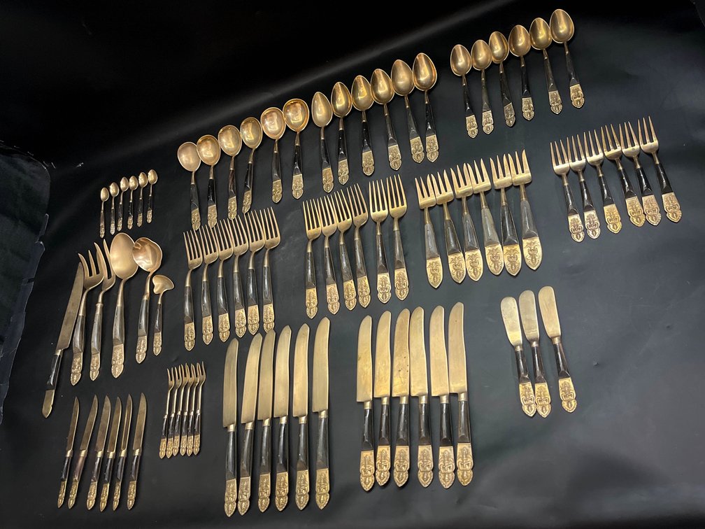 Vintage Brass Siam silverware set with serving utensils 