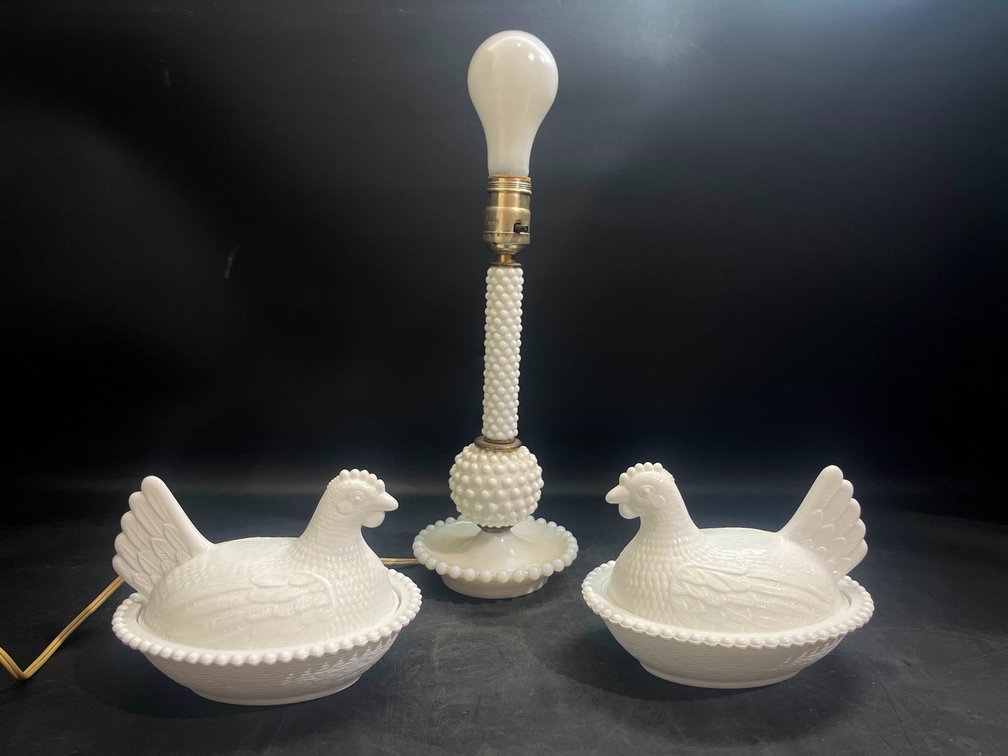 Vintage Indiana White Milk Glass Hen dishes, and vintage white milkglass 16” table lamp 