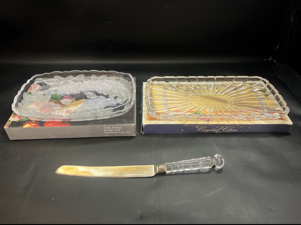 Rose pearls 11.5” sandwich tray, Crystal Clear 14” tray, and Crystal handle serving knife 