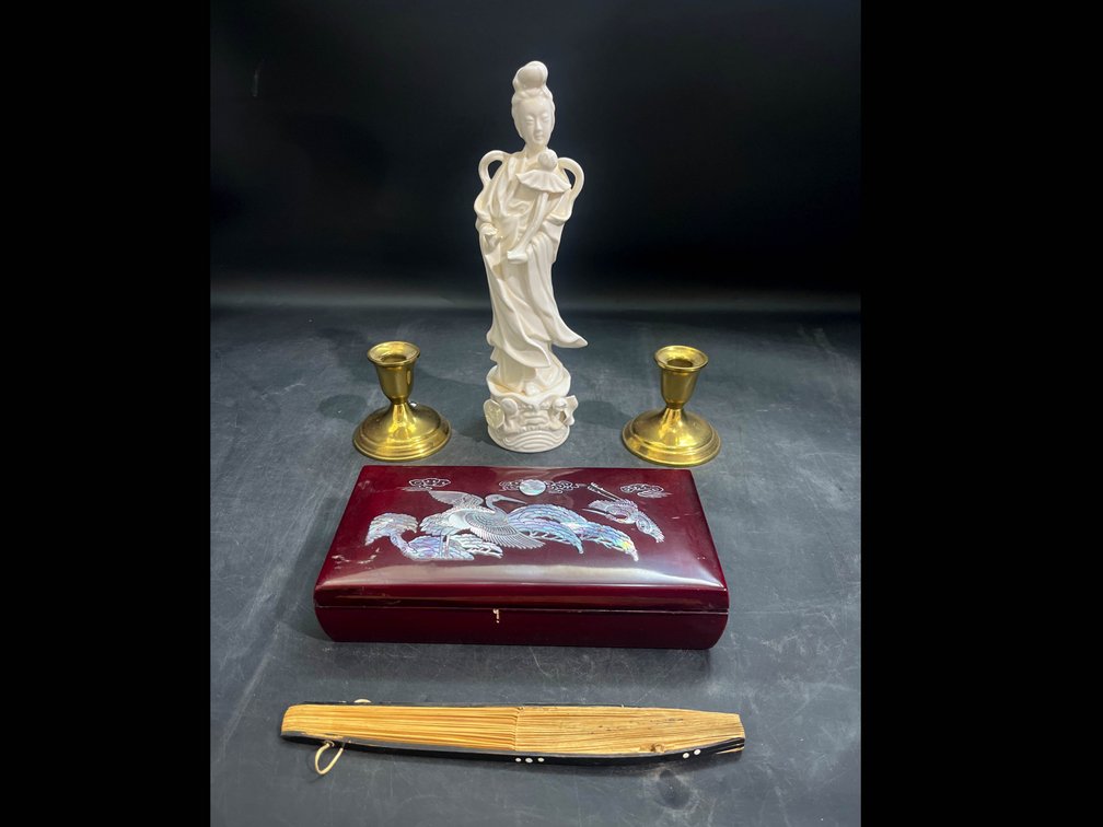 ARDCO Guan Yin Mother of Mercy White Porcelain Statue, Vintage smoke box, Towle