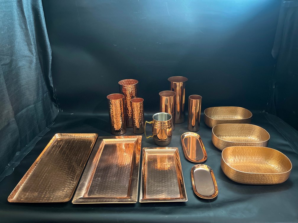 Copper tone vases, trays, cup, bowls 