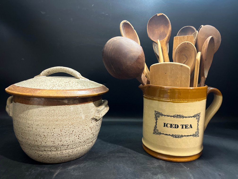 handcrafted stoneware pottery rice and vegetable steamer with a lid, wooden utensils, 