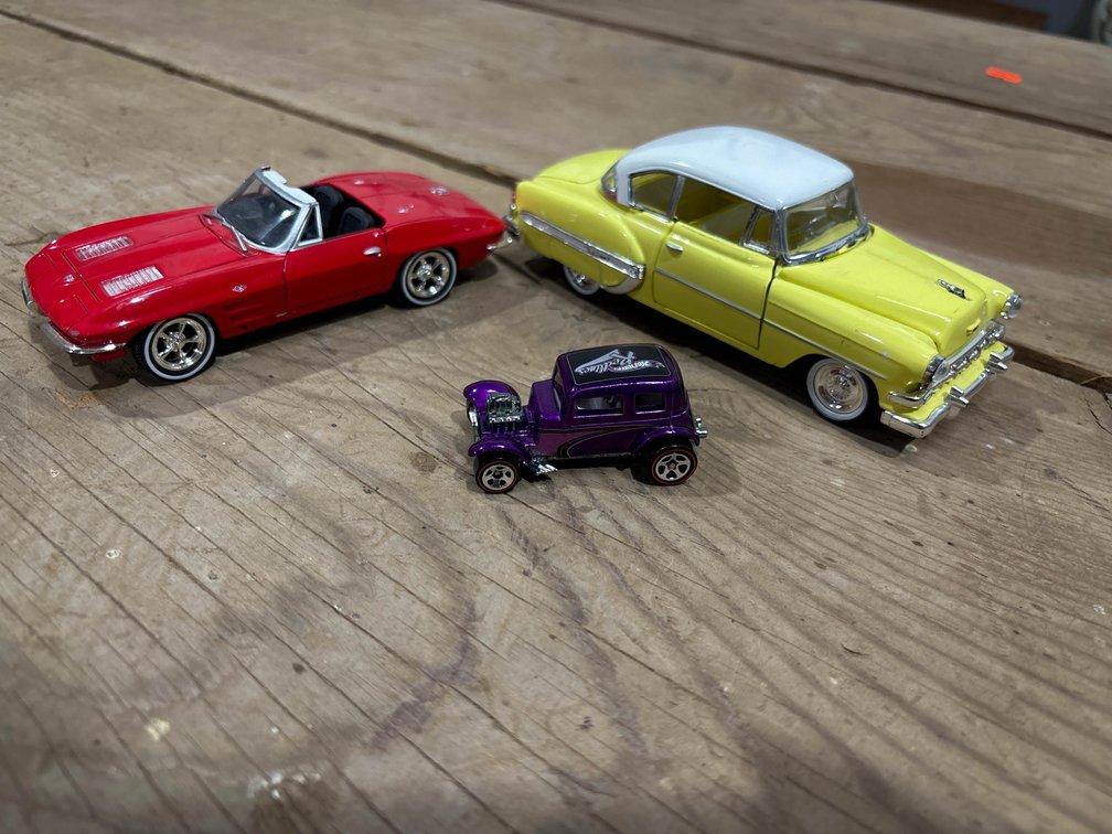 1954 Chevrolet Bel Air Coupe Model, 1963 Corvette model, 1932 Ford Vicky 