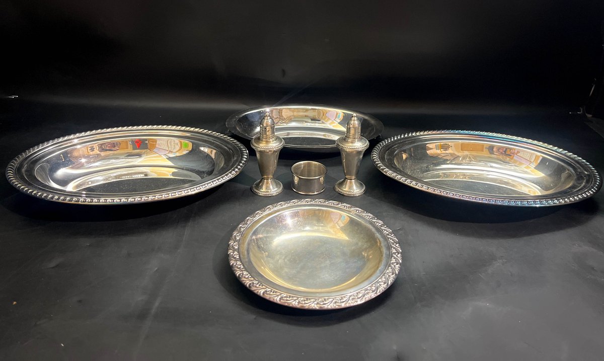 Silver plated serving plates, napkin ring, and salt and pepper shakers