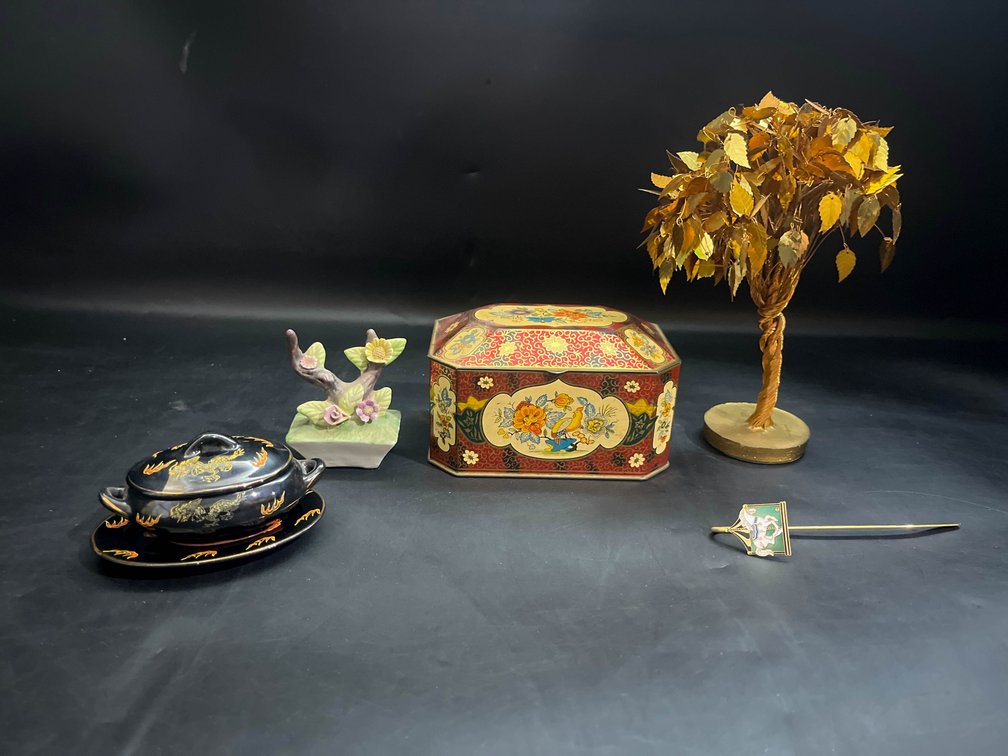 Vintage tin box, MCM wire dream tree sculpture, vintage Acme Japan pottery small 