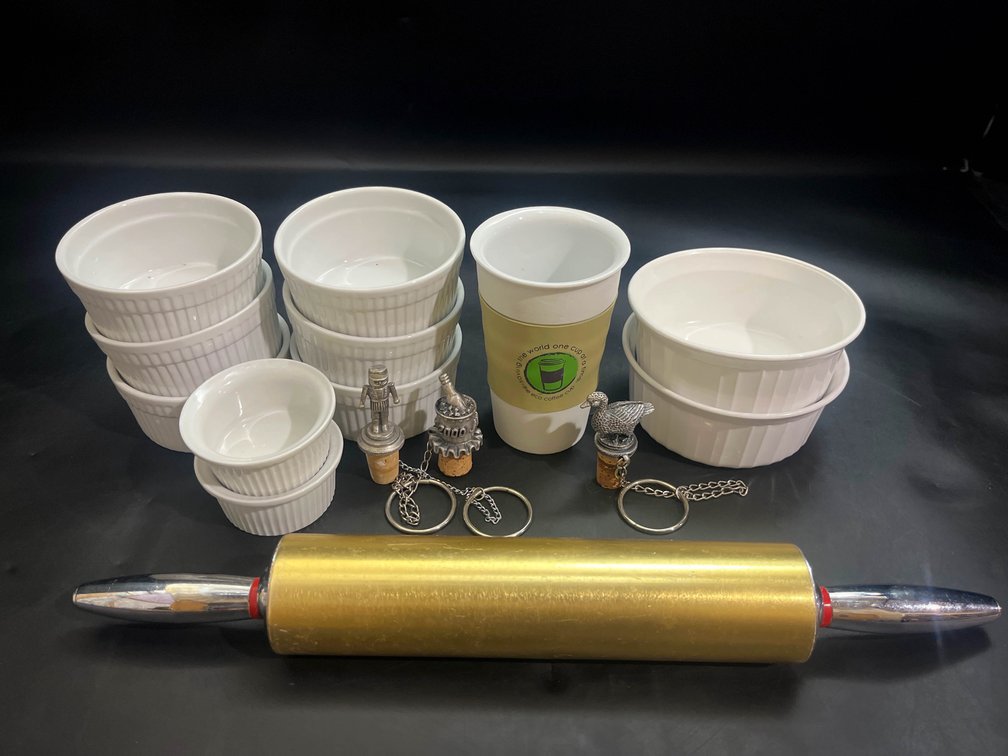 Six Trees reusable wine corks, Ceramic bowls, Eco Coffeecup, and vintage rolling pin   