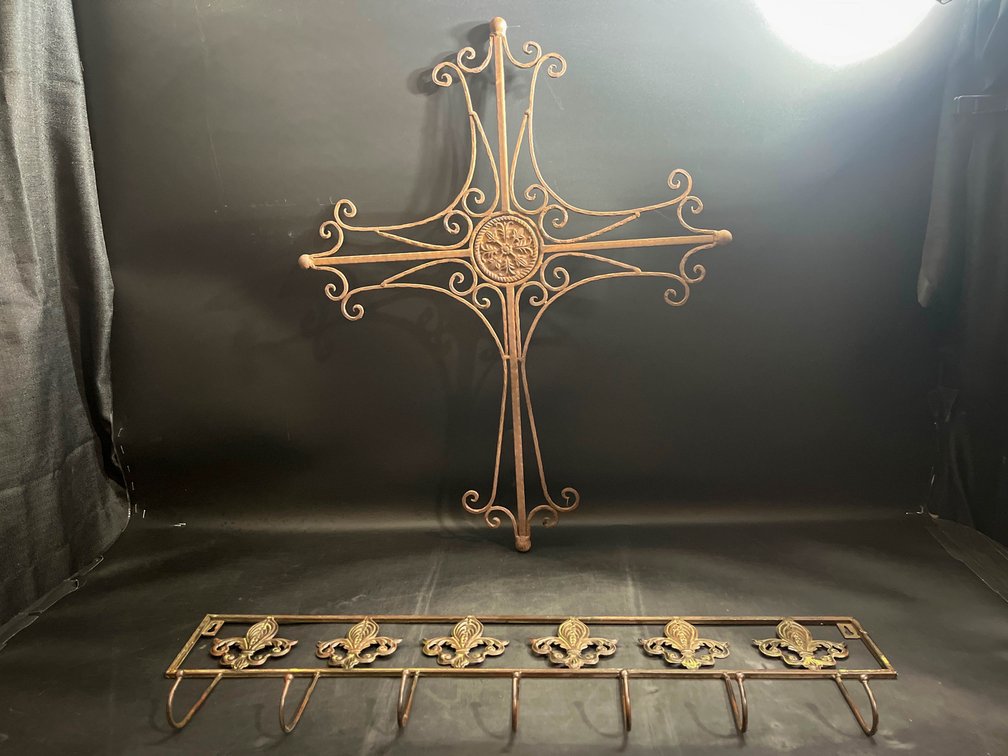 Metal cross decor 28”, and metal wall coat rack 30”