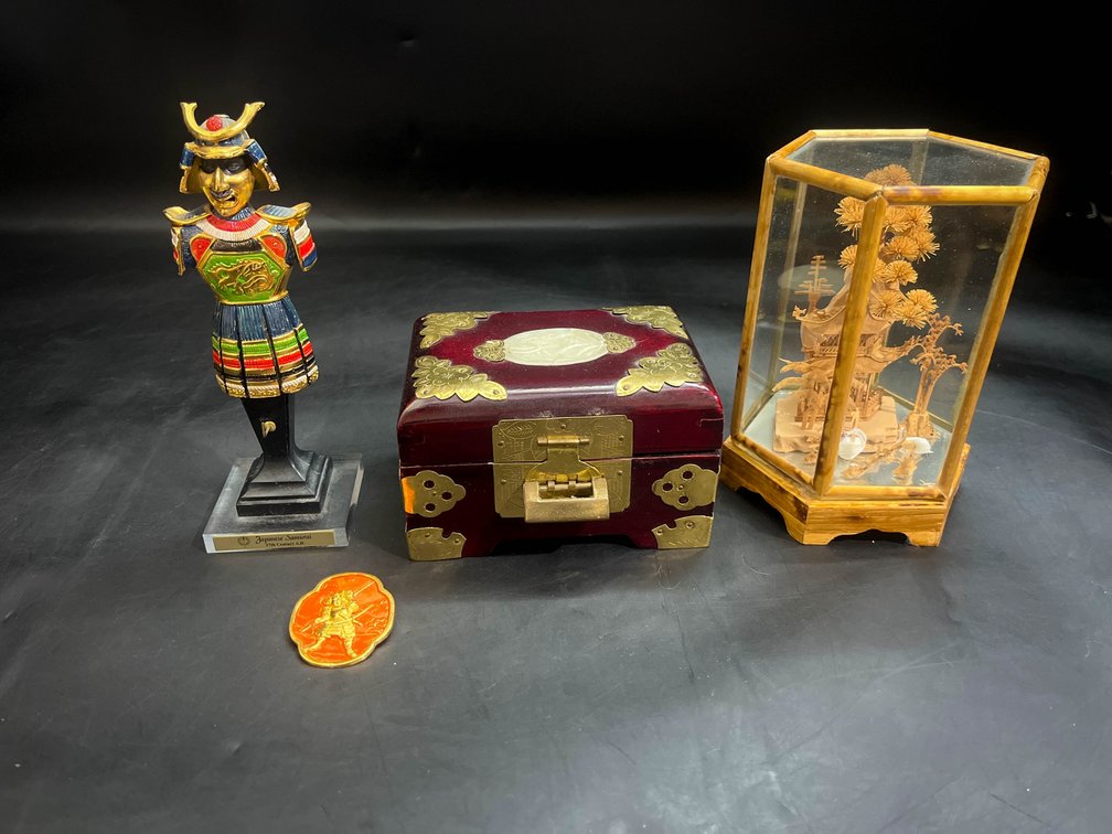 Vintage Chinese jewelry box, 17th Century Japanese Samurai figurine, Mid Century 