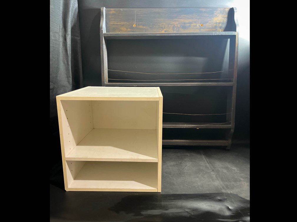 Wooden wall shelf 29.5”x32” and storage shelf 15”x15”x15”