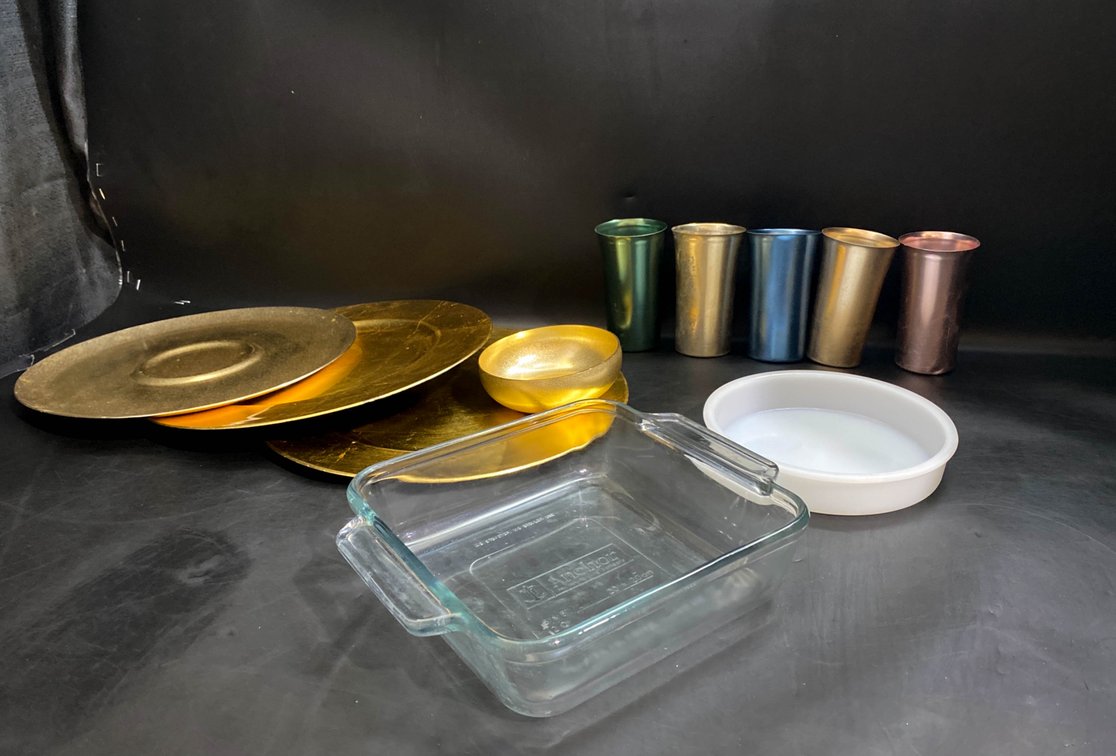 Misc Kitchen Includes, Metal Cups, Baking Dishes, Plastic and Metal Golden Platter