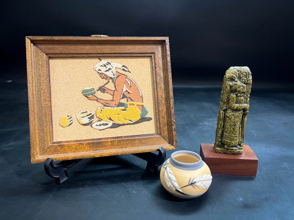 Carved stone Aztec Sculpture, vintage 1970s sand art piece titled Rainbow Way, and