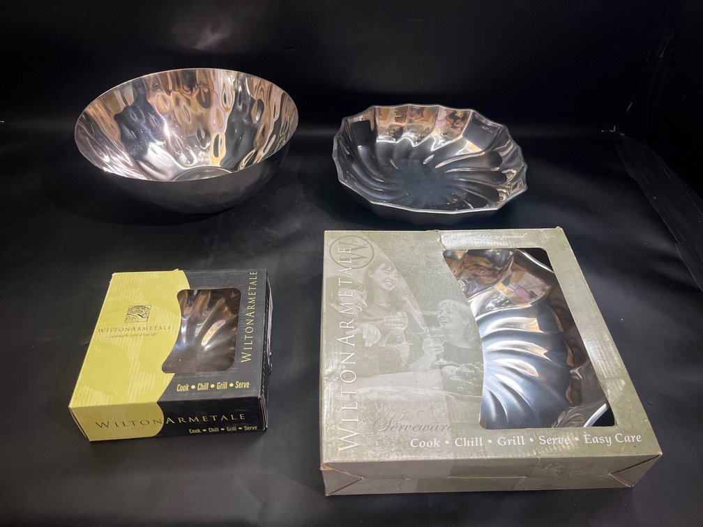 Wilton Armetale serving bowls and hammered stainless steel bowl