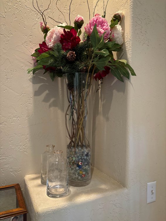 Tall Glass Vase With Floral Decor and Two Smaller Glass Bottles