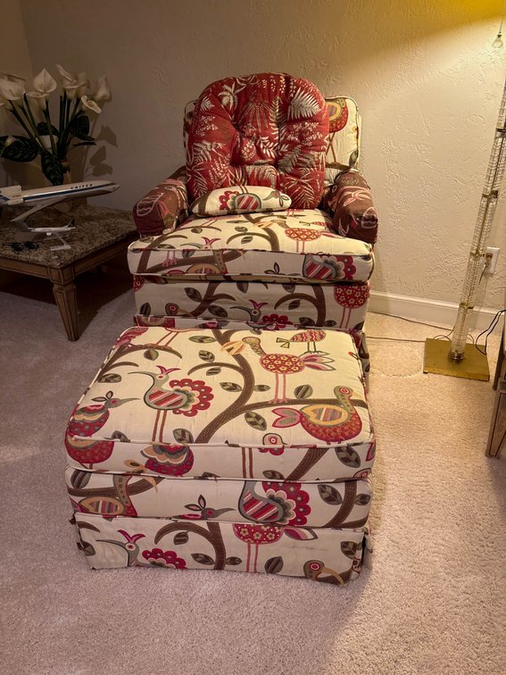Upholstered Armchair and Ottoman with Multicolor Botanical and Bird Print