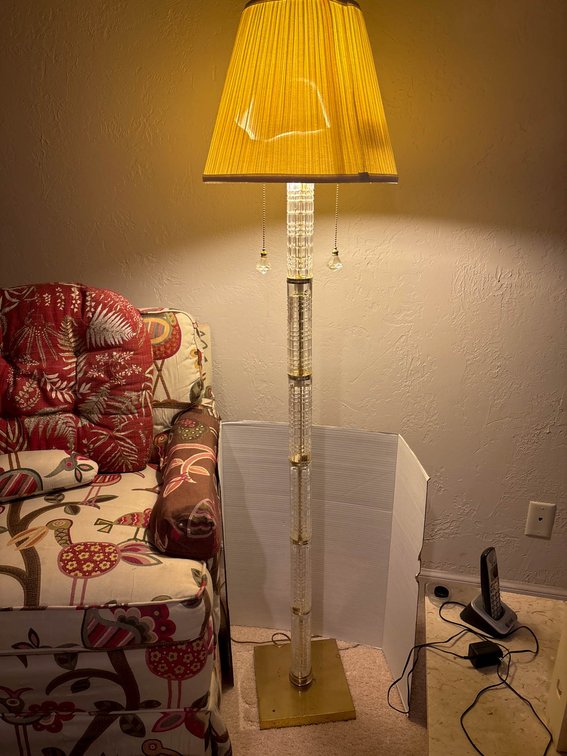 Glass and Brass Column Floor Lamp with Fabric Shade