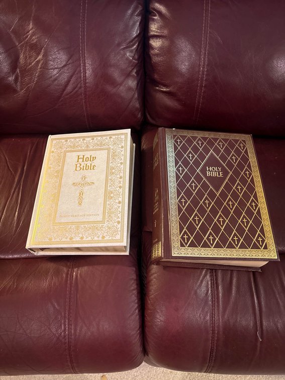 Two Illustrated Family Holy Bible Editions with Gilded Covers