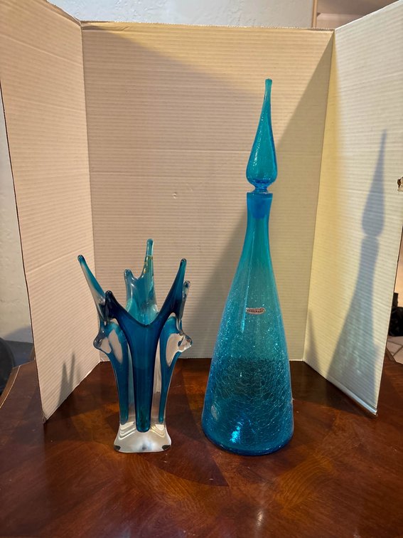 Handblown Blue Glass Pieces, Mandruo Handcraft Decanter Included