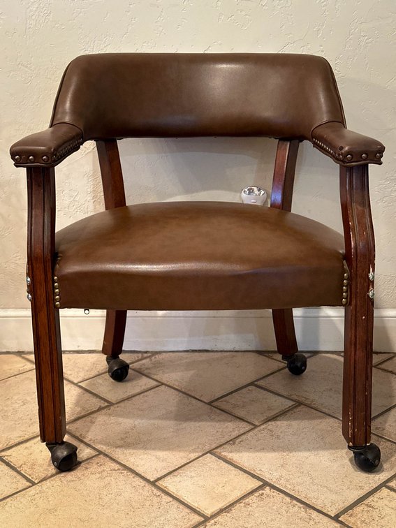 Brown Faux Leather Chair with Casters and Wooden Frame