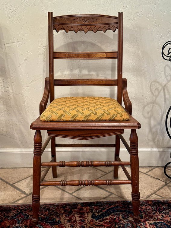 Vintage Wooden Side Chairs With Carved Backrests and Upholstered Seats