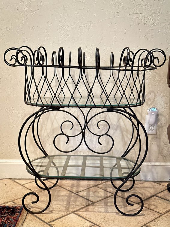 Black Metal Scrollwork Plant Stand with Two Glass Shelves