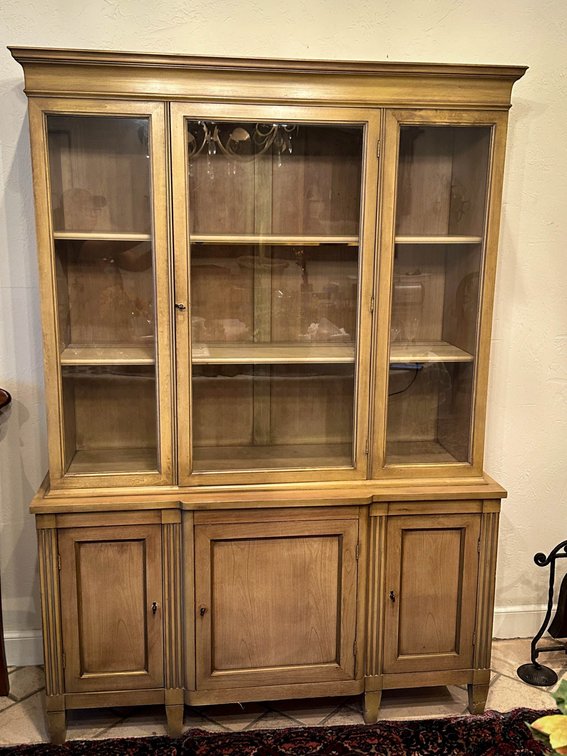 Two-Piece Wooden China Cabinet with Glass Doors and Shelving