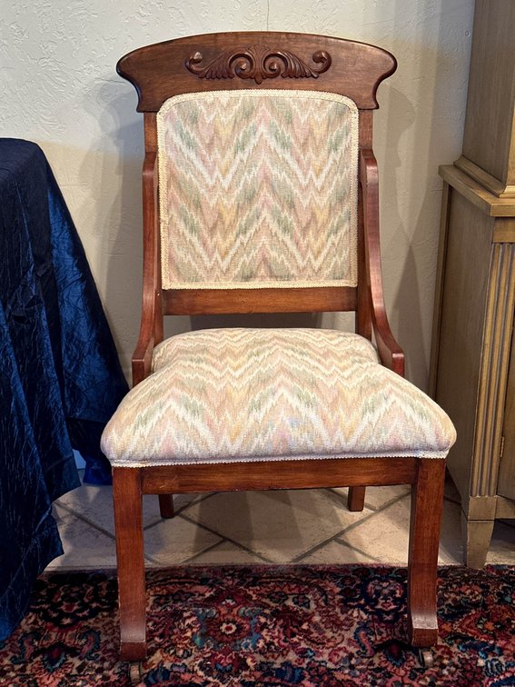 Wooden Accent Chair with Carved Backrest and Upholstered Seat