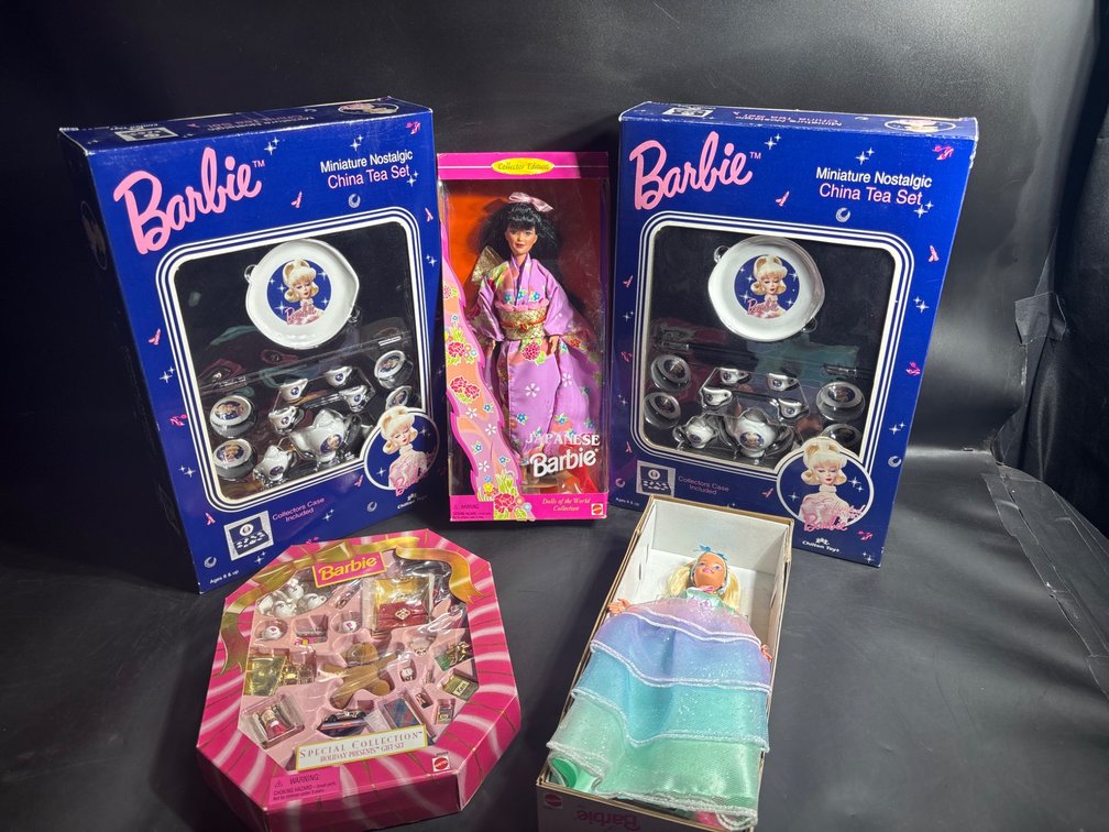 Barbie Collectibles Including Dolls, Tea Sets, and Accessories