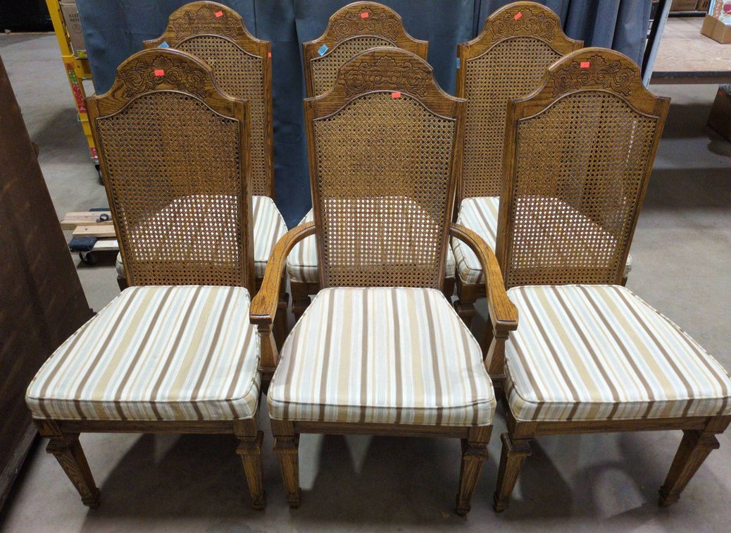 Six Cane-Back Dining Chairs with Striped Upholstered Seat Cushions