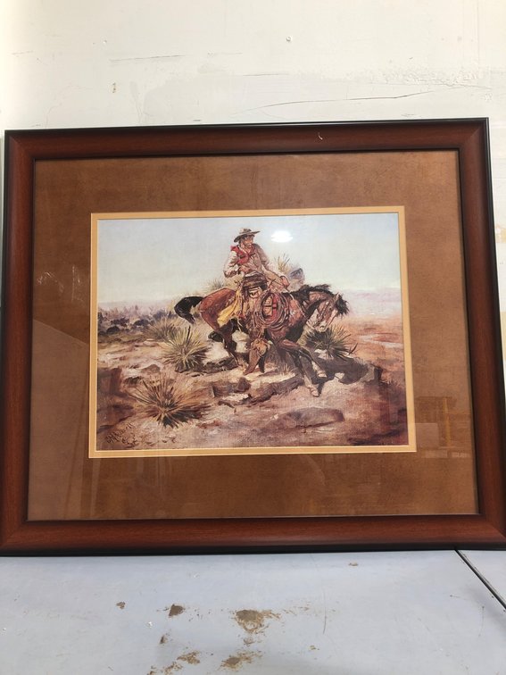 Framed Western Artwork Depicting a Cowboy on Horseback