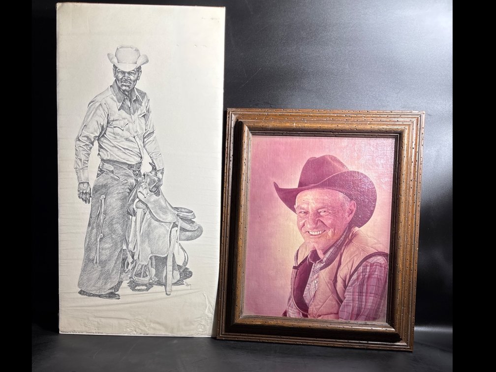 Framed Cowboy Portrait and Canvas Drawing Featuring a Western Theme