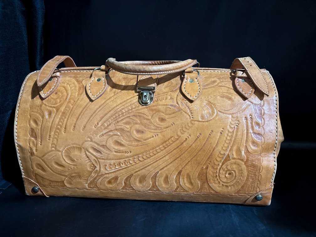 Leather Hand-Tooled Duffle Bag With Floral Design
