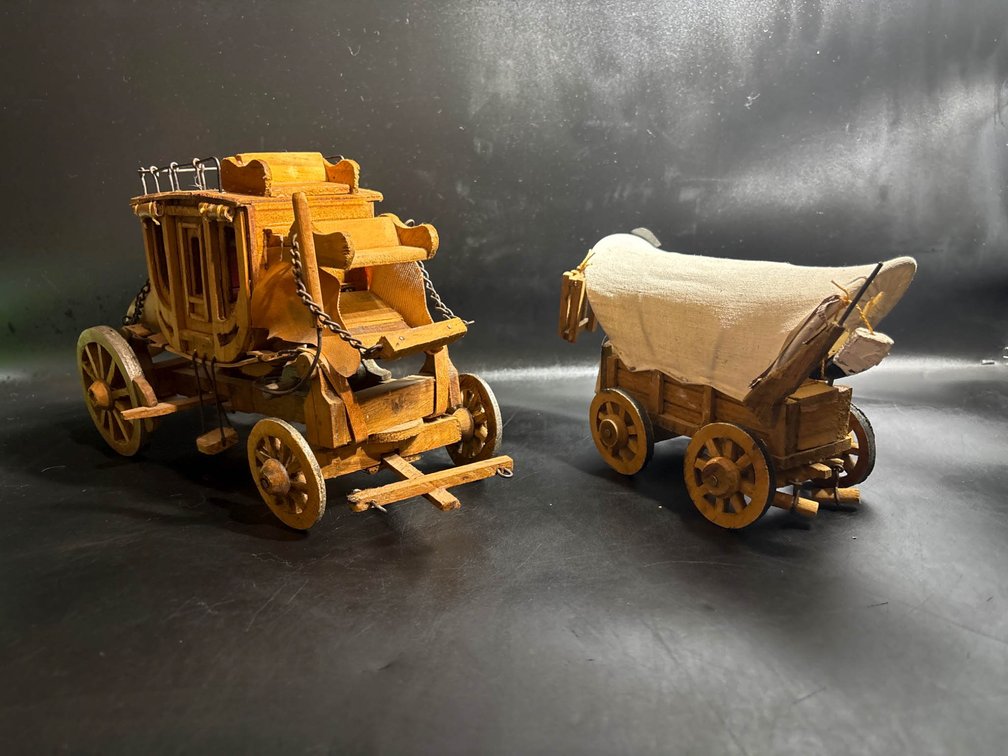 Wooden Stagecoach and Covered Wagon Miniatures with Fabric Details