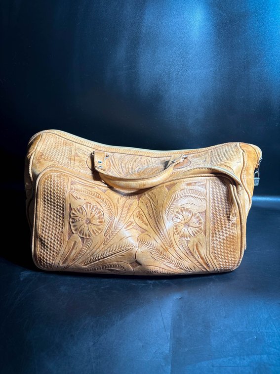 Tooled Leather Travel Bag with Floral Design and Double Zippers
