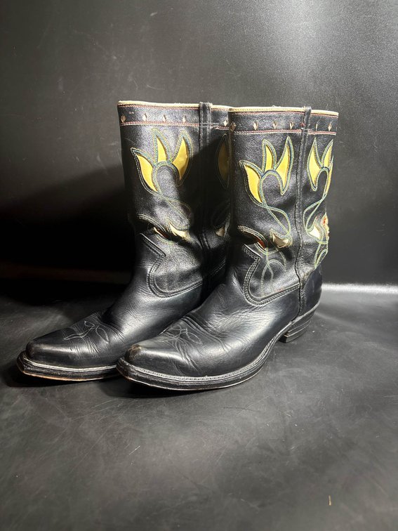 Black Leather Cowboy Boots with Yellow and Orange Embroidery