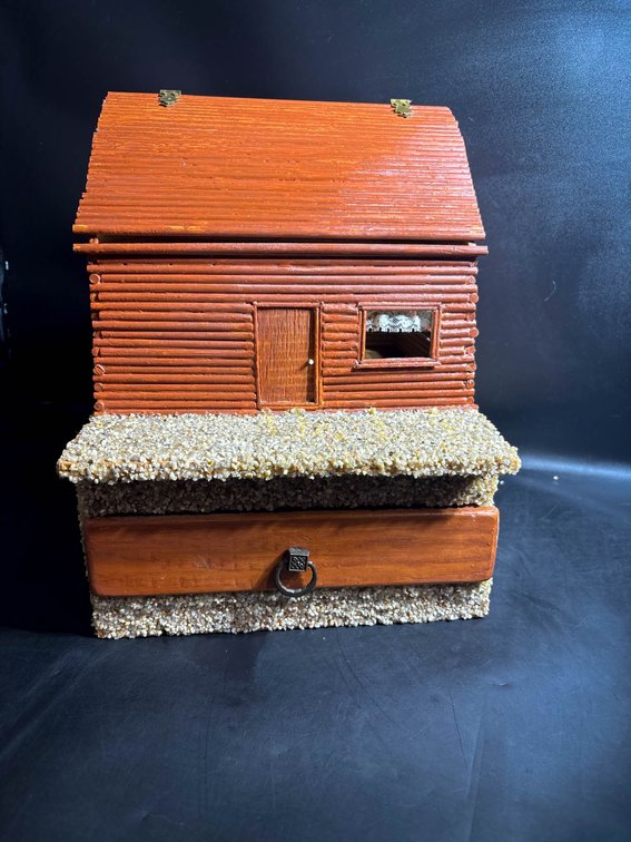 Wooden House-Shaped Decorative Box with Drawer and Hinged Roof