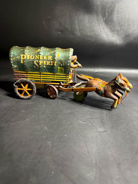 Pioneer Spirit Tin Lithograph Horse-Drawn Wagon Toy